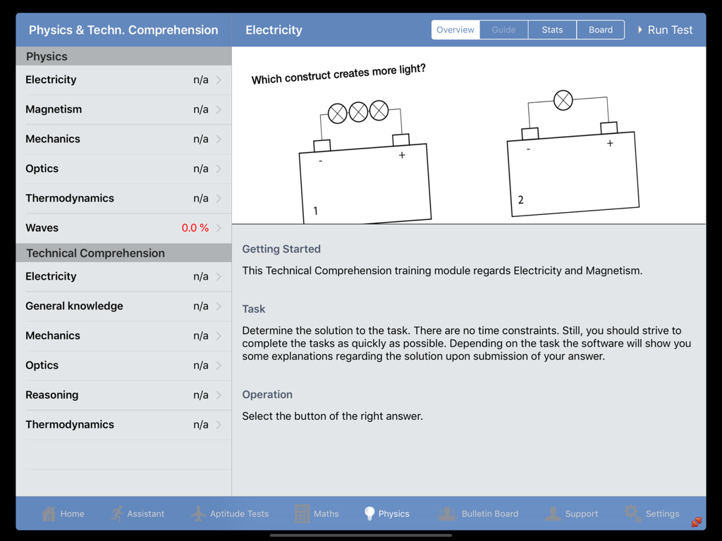 Interfaccia del modulo di formazione sull'elettricità nell'app iPad SkyTest Air Traffic Controller.