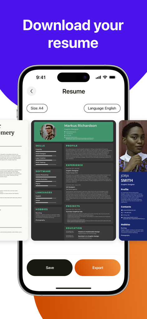 Resume Maker, CV Job Builder - Interface of a mobile app showing professional resume templates with save and export options.