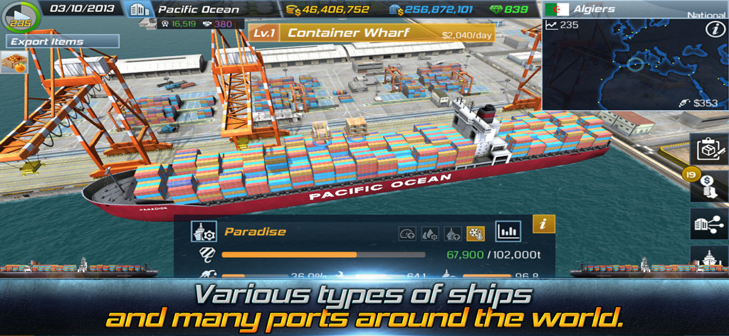Ship Tycoon - A container ship docked at a wharf in the Ship Tycoon simulation game