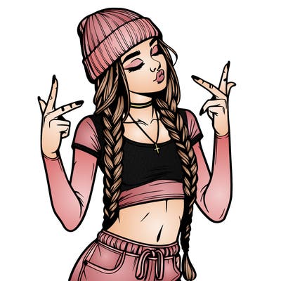 realistic teenage girl with braids and a beanie and crop top doing 🫶🏼