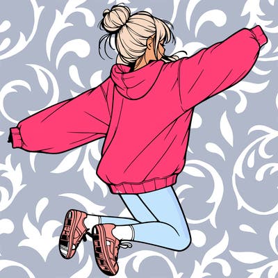 realistic girl jumping with a bun and oversized sweatshirt