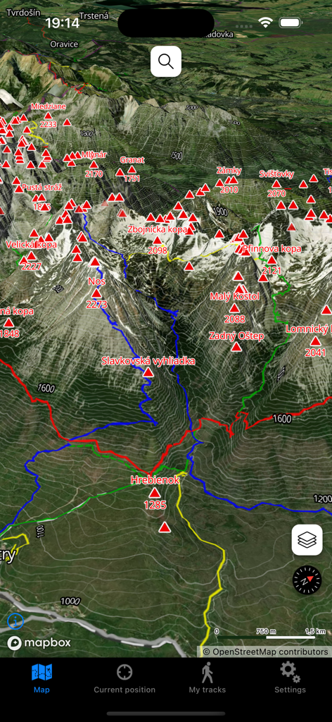A 3D topographical map of Slovakian mountain peaks and colored hiking trails on a satellite hybrid view.