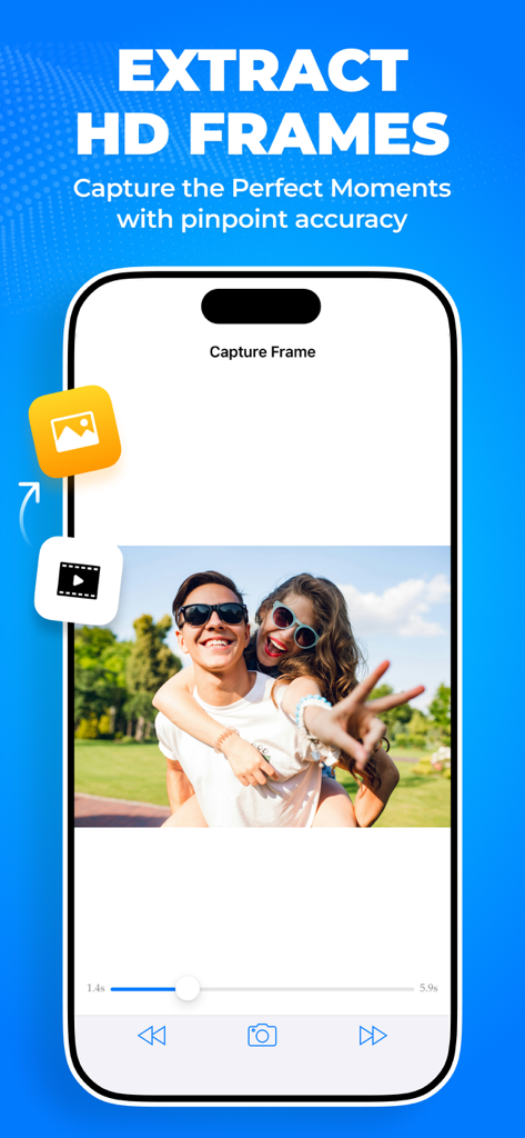 Video to Pic - Interfaz móvil de la aplicación Video to Pic mostrando la extracción de un fotograma HD de un video de una pareja feliz