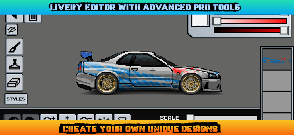 Pixel X Racer : Drag Racing - Personalización de coches de arte pixelado en el editor de libreas con herramientas profesionales