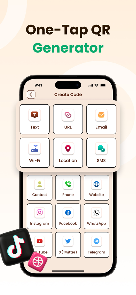 A mobile app interface displaying various categories for generating custom QR codes including social media links and contact info