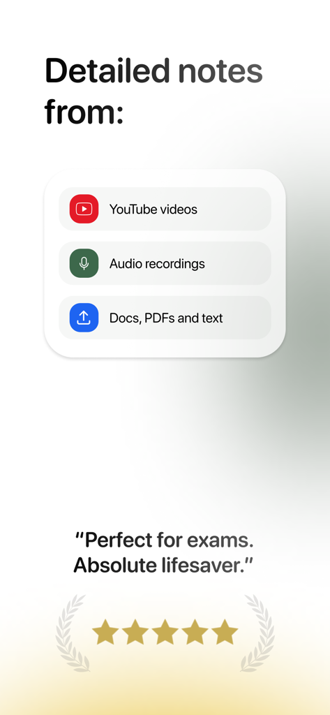 Schermata dell'app Snitchnotes che mostra appunti di studio generati da registrazioni audio di video YouTube e documenti con una valutazione a cinque stelle