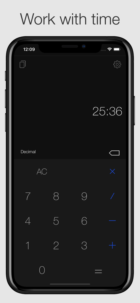 Interfaz de usuario en modo oscuro de la aplicación móvil Calculadora de Tiempo Premium mostrando un cálculo de horas y minutos.