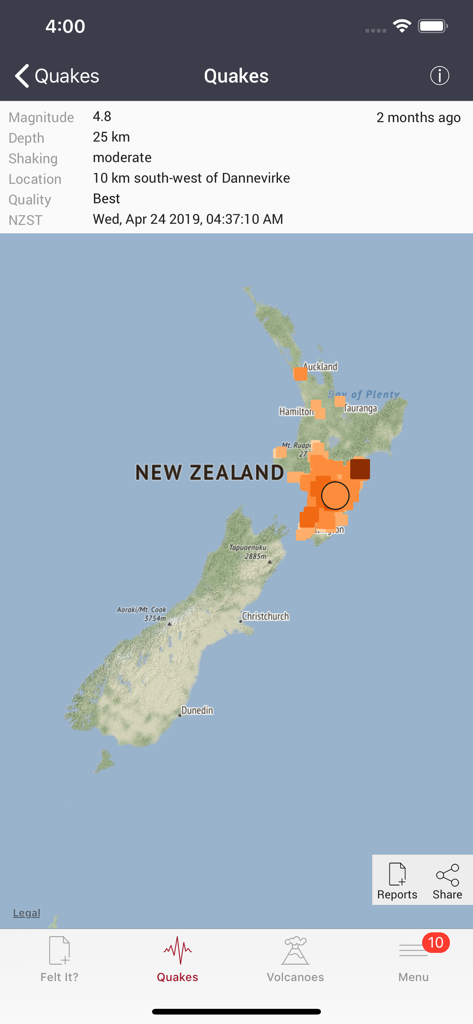 GeoNet Quake app showing earthquake details and a felt report intensity map for a magnitude 4.8 event in New Zealand.