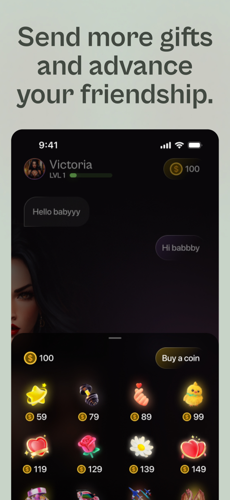 Interfaz de chat de la app Novia IA mostrando regalos virtuales para enviar a Victoria