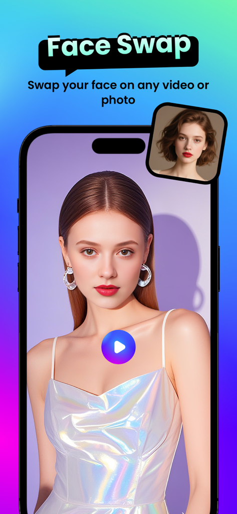 SnapMe app interface demonstrating the AI face swap feature on a mobile phone screen.