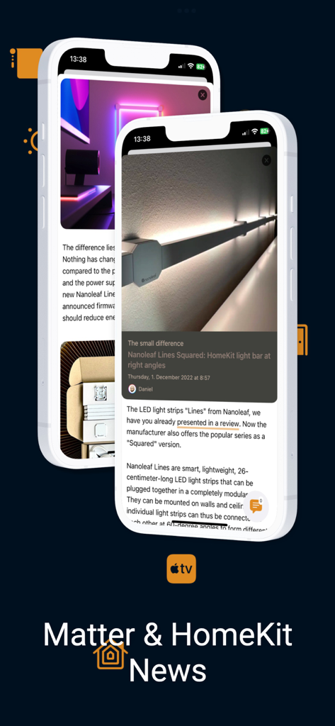 Smartphone screens displaying Matter and HomeKit news in the SmartApfel app