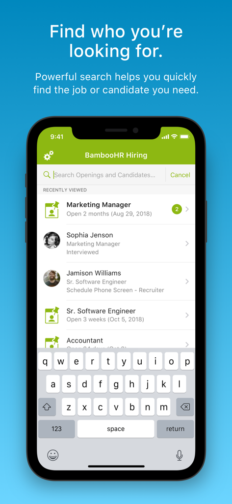 BambooHR Hiring - Search interface of the BambooHR Hiring app showing candidate profiles and job openings.