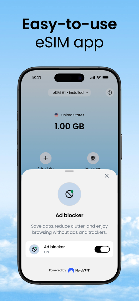 Interface de l'application Saily eSIM affichant la fonctionnalité de bloqueur de publicités propulsée par NordVPN