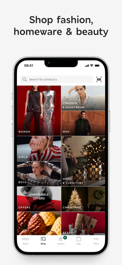 M&S - Fashion, Food & Homeware - Marks and Spencer mobile app screen displaying shopping categories for fashion, homeware, and beauty