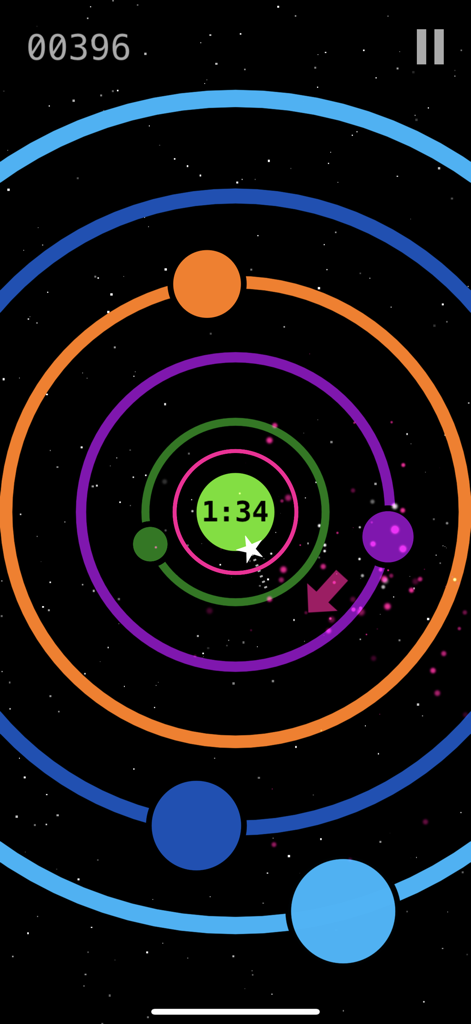 Ring Rush - Pop 'Til You Drop! - Gameplay screen of Ring Rush featuring colorful concentric rings on a starry background