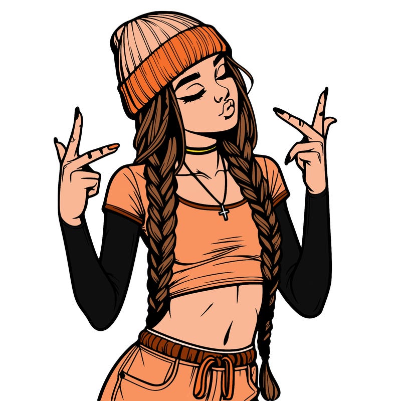 realistic teenage girl with braids and a beanie and crop top doing 🫶🏼