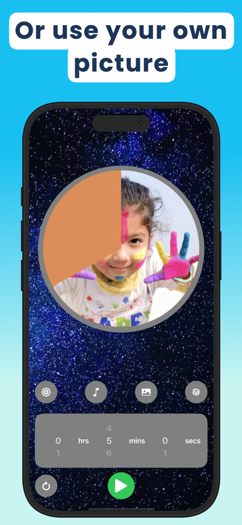 Visual Timer for Kids - A visual timer app for kids showing a custom photo of a child with painted hands being revealed behind a progress circle