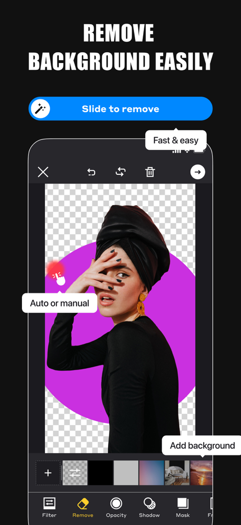 GRIDS Post maker for Instagram - Pantalla de smartphone que muestra la función de eliminación de fondo en la aplicación Grids para la creación de contenido de Instagram