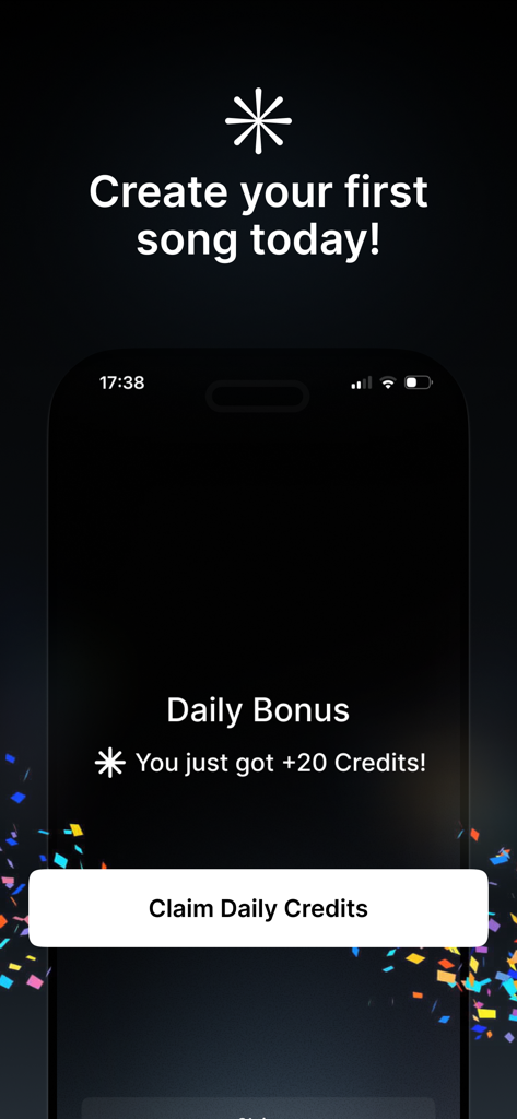 Mozart AI: AI Music Studio - Pantalla de la aplicación Mozart AI mostrando un bono diario de veinte créditos para crear canciones