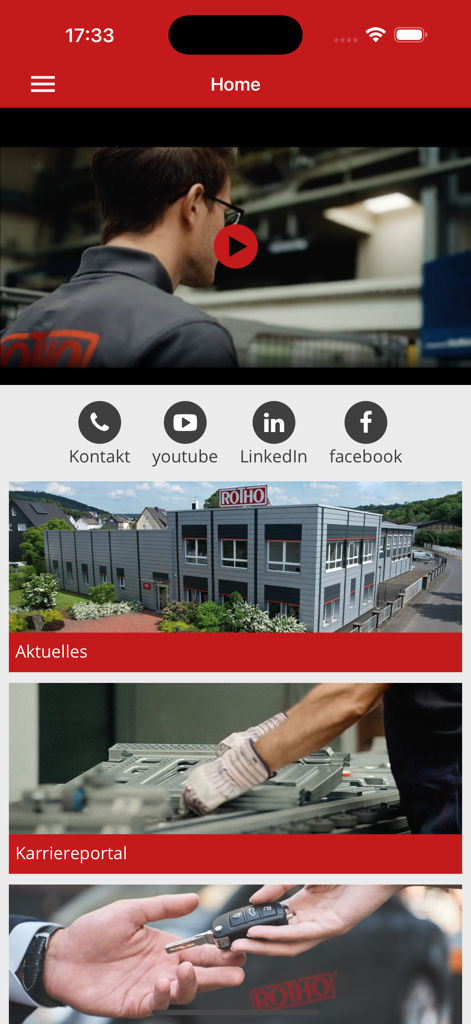 ROTHO Concrete Employee App - Pantalla de inicio de la aplicación para empleados ROTHO Concrete que muestra secciones de noticias y enlaces a redes sociales de la empresa