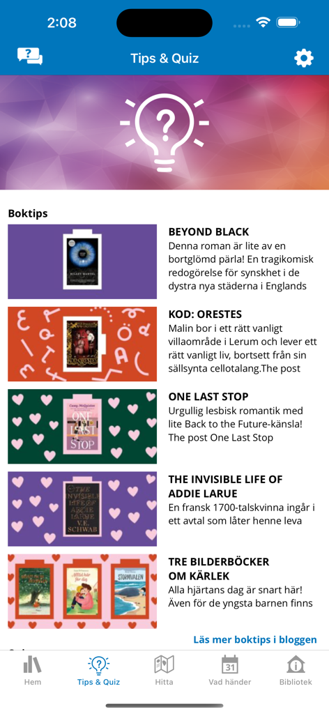 Biblioteket - A screen of the Biblioteket app showing book recommendations and tips
