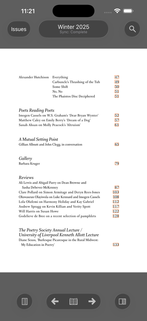 Table of contents for the Winter 2025 issue of The Poetry Review mobile app.
