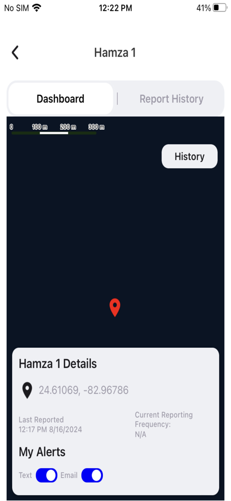 Dashboard dell'app Trak4 che mostra coordinate GPS in tempo reale e impostazioni di notifica degli avvisi per un bene tracciato