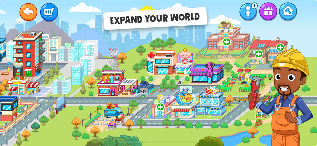 My Town World: Doll House Life - Panoramic view of the My Town World city map featuring a construction worker and various dollhouse buildings