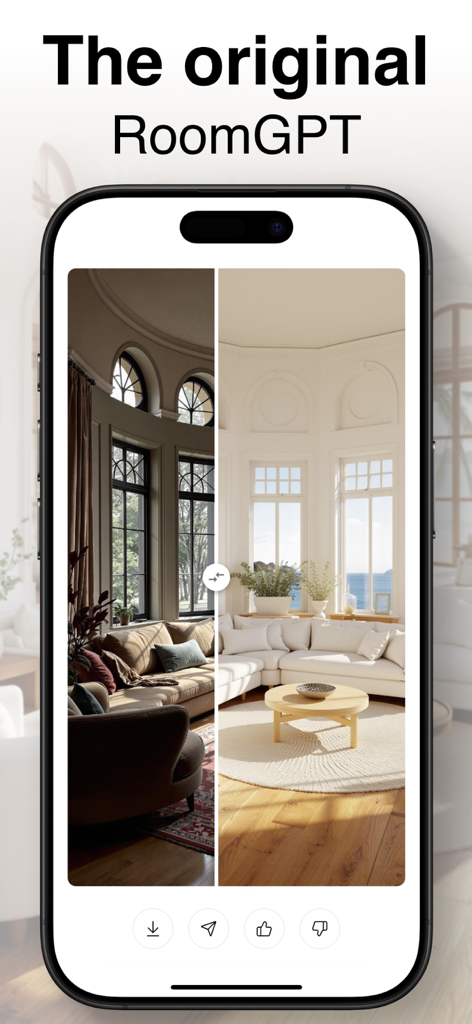 RoomGPT AIを使用したリビングルームのインテリアデザインスタイルのサイドバイサイド比較。