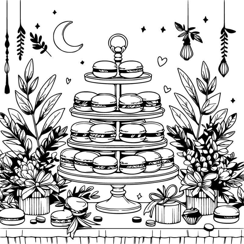 macaron display on a beautiful elegant table with eucalyptus leaves around it and small trinkets