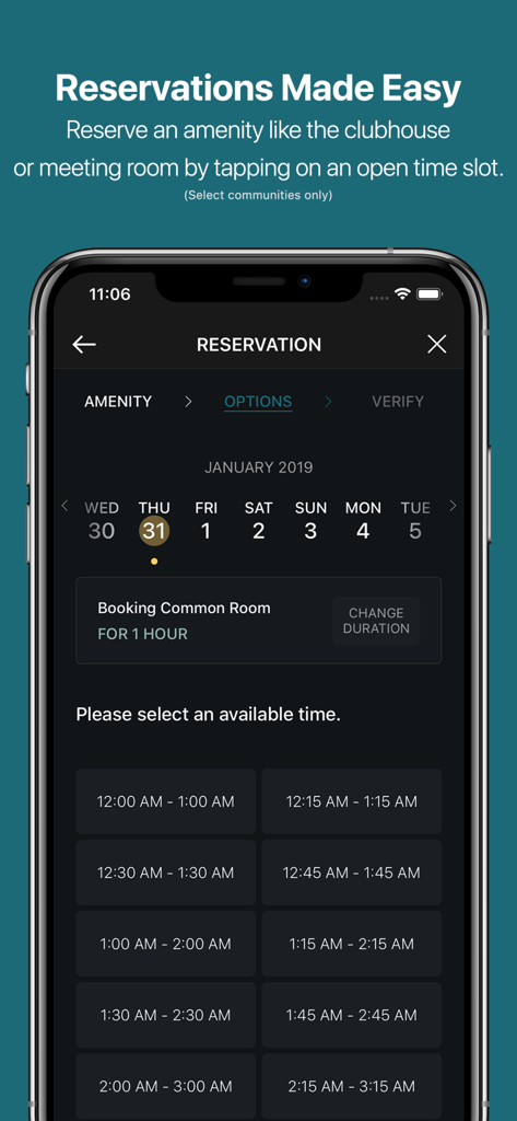 RentCafe Resident - RentCafe Resident app screen for booking community amenities like a common room or clubhouse