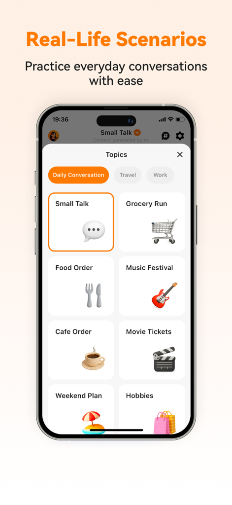 練習のための様々な実用的な会話トピックを示すSpanish Aiアプリのインターフェース。