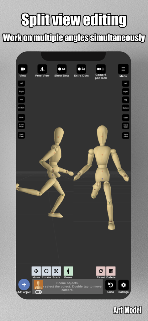Art Model - Pose & morph tool - Art Model app screenshot showing split view editing of a wooden mannequin from two angles simultaneously