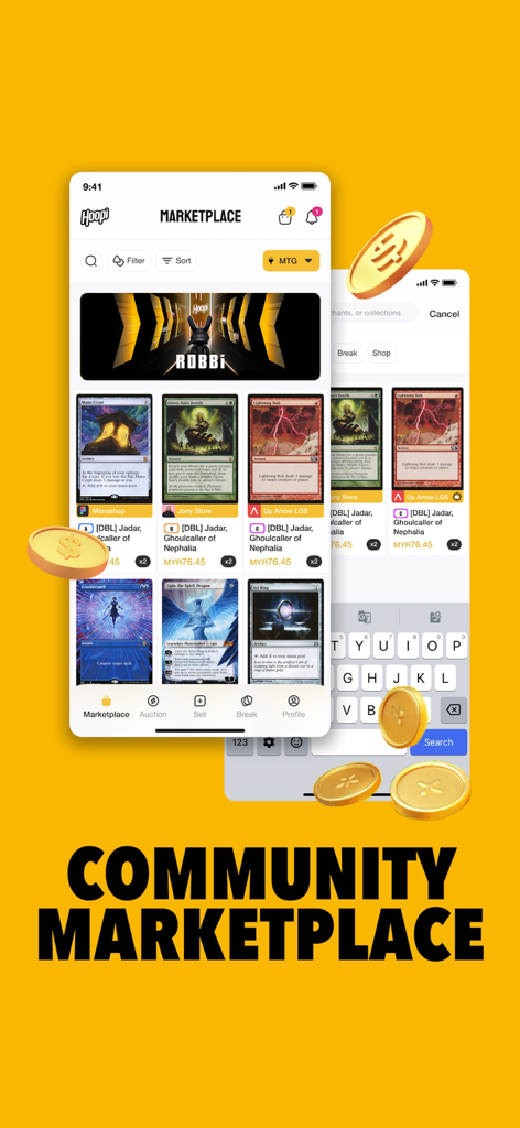 Hoopi - Collectible Platform - Interfaz de la aplicación Hoopi mostrando el mercado comunitario para cartas coleccionables como Magic The Gathering.