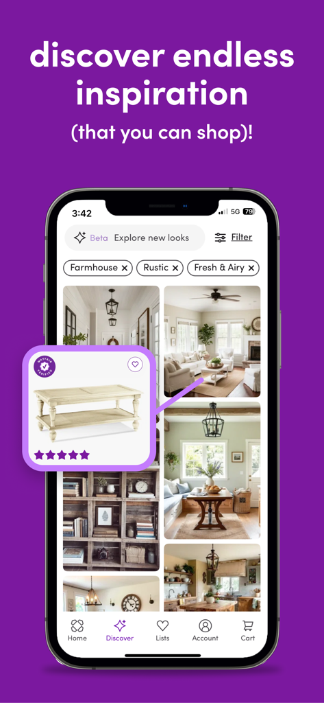 Wayfair – Shop All Things Home - Schermata di scoperta dell'app Wayfair che mostra ispirazioni di arredamento acquistabili e stili di interior design.
