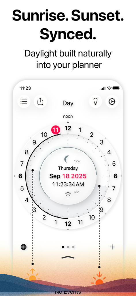 CircleTime App zeigt einen kreisförmigen 24-Stunden-Planer mit Synchronisation von Sonnenaufgang und Sonnenuntergang