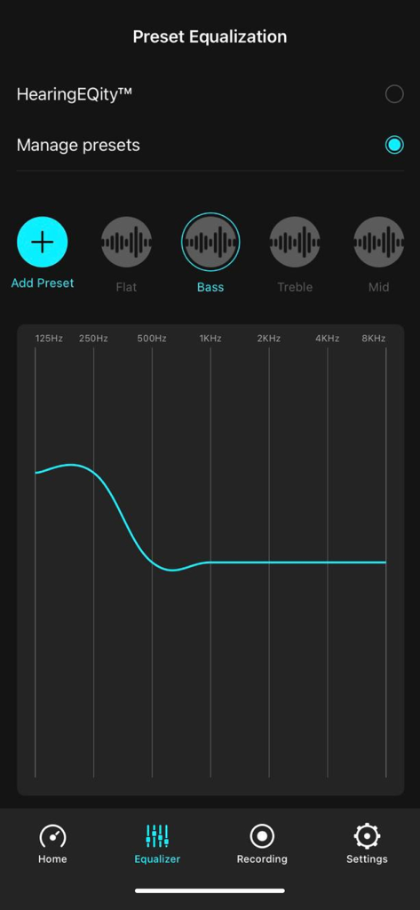 Audio equalizer interface in the Lightspeed App showing frequency presets and a bass profile graph