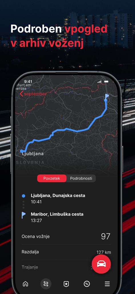 DRAJV - DRAJV app screenshot showing a trip route from Ljubljana to Maribor on a map with a driving score of 97 and trip distance