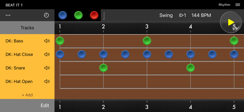 Interfaz de la aplicación Beat Vibe mostrando un secuenciador de ritmo multipista con compases programables para batería y percusión.
