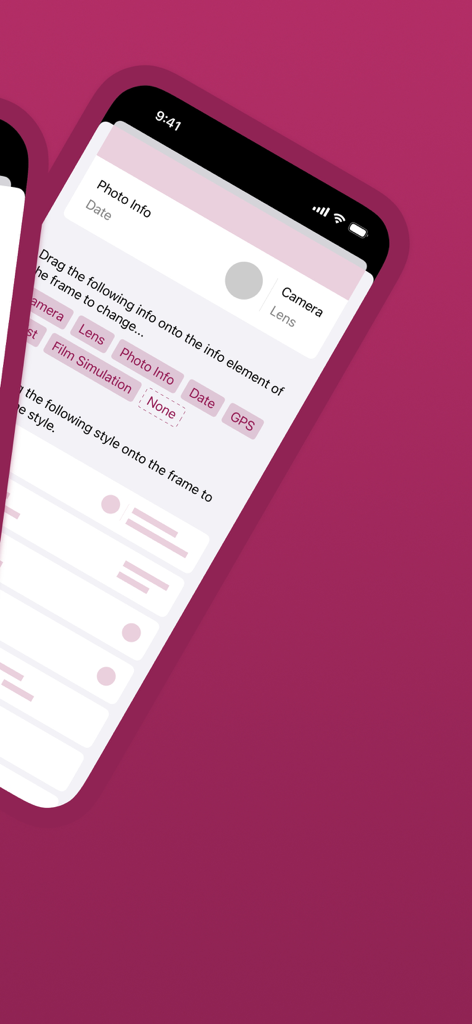 Cameramark: Photo Exif Frame - Interface showing customization of camera and lens metadata frames in the Cameramark app