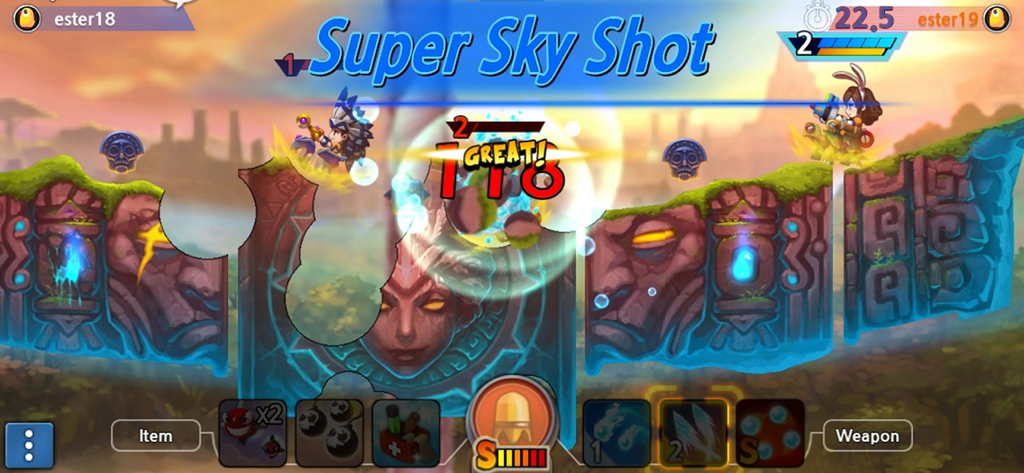 GunboundM - スーパー・スカイ・ショットの表示がある、ガンバウンドMのターン制モバイルゲームバトル