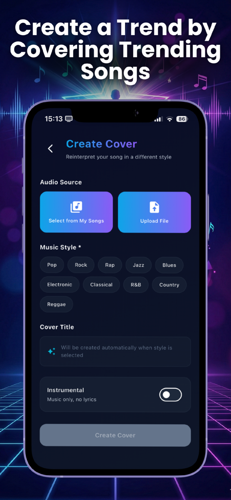 Ayro: AI Music & Create Singer - Screen of Ayro app for creating AI music covers with options to select audio sources and various music styles like Pop, Rap, and Rock