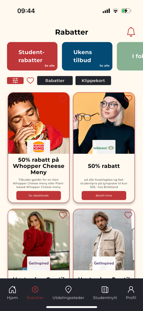 Studentpakken - Mobile app interface of Studentpakken showing various student discounts from Burger King and other retailers