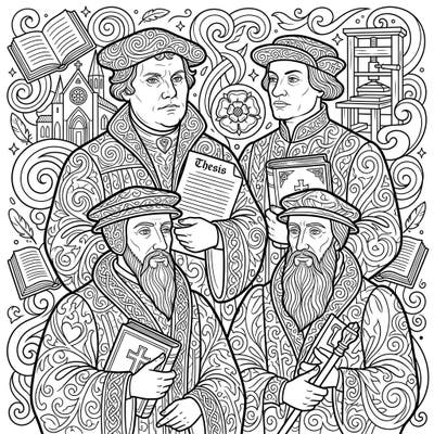 Embark on a historical journey with this detailed adult coloring page featuring influential Religious Reformers. Enjoy intricate patterns and symbolic elements designed for mindful relaxation and educational engagement.