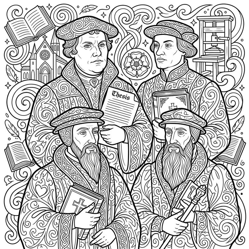 Embark on a historical journey with this detailed adult coloring page featuring influential Religious Reformers. Enjoy intricate patterns and symbolic elements designed for mindful relaxation and educational engagement.