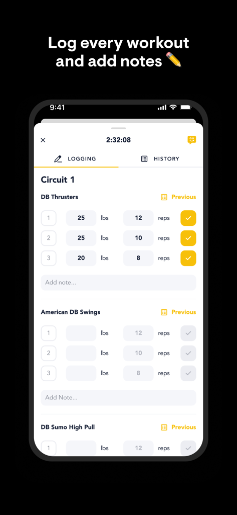 Workout logging interface in the Playbook app for tracking exercises sets and weight
