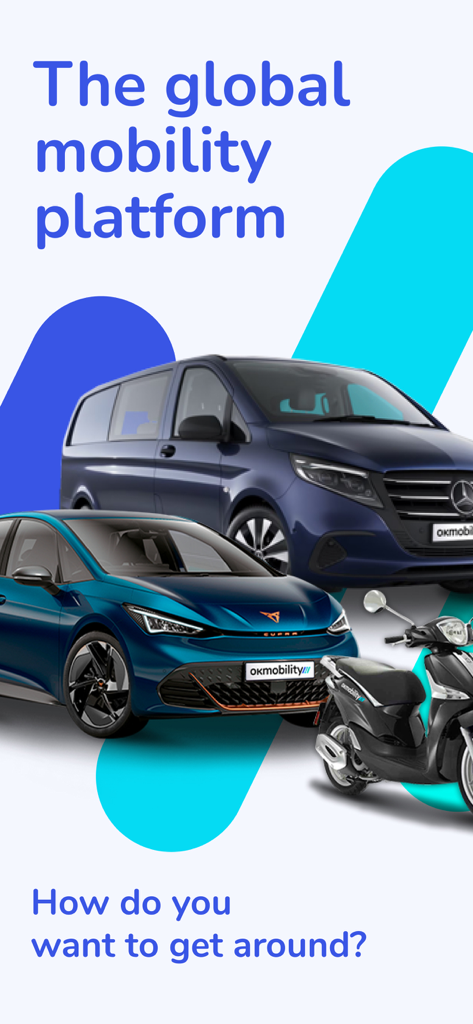 OK Mobility - Écran d'introduction de l'application OK Mobility montrant une camionnette, une voiture et un scooter avec le texte La plateforme de mobilité mondiale