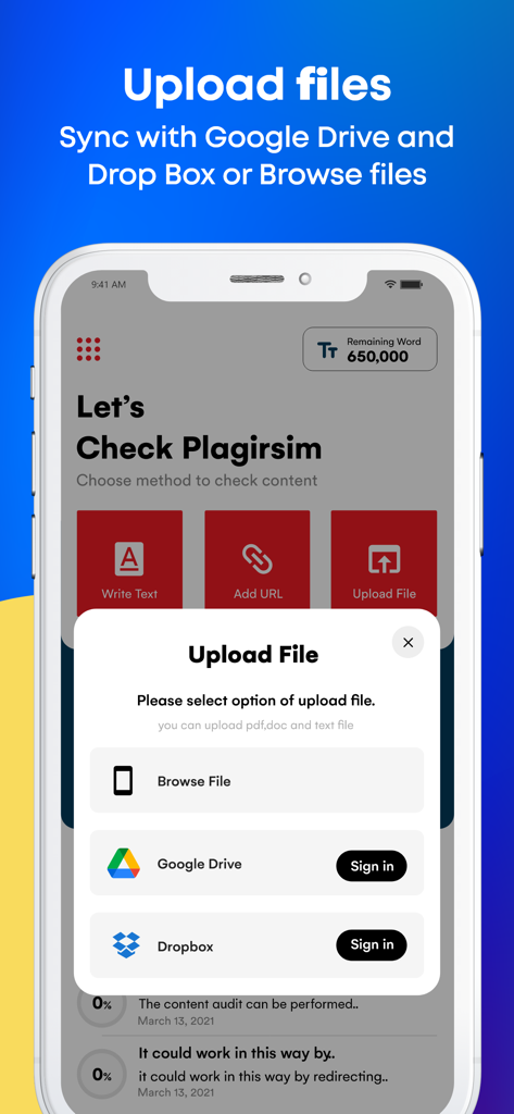 Plagiarism Checker app interface showing cloud file upload options from Google Drive and Dropbox