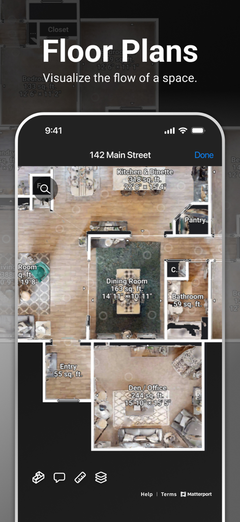 Smartphone-Bildschirm mit Matterport-Grundrissen mit Raumabmessungen und Beschriftungen