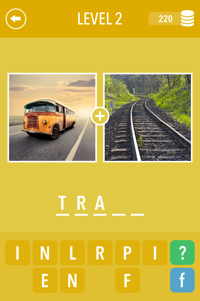 2 Pics ~ Combine and Guess the Word! - A screenshot of the game 2 Pics Combine and Guess the Word showing a bus and a train track to solve a 5 letter word puzzle starting with TRA